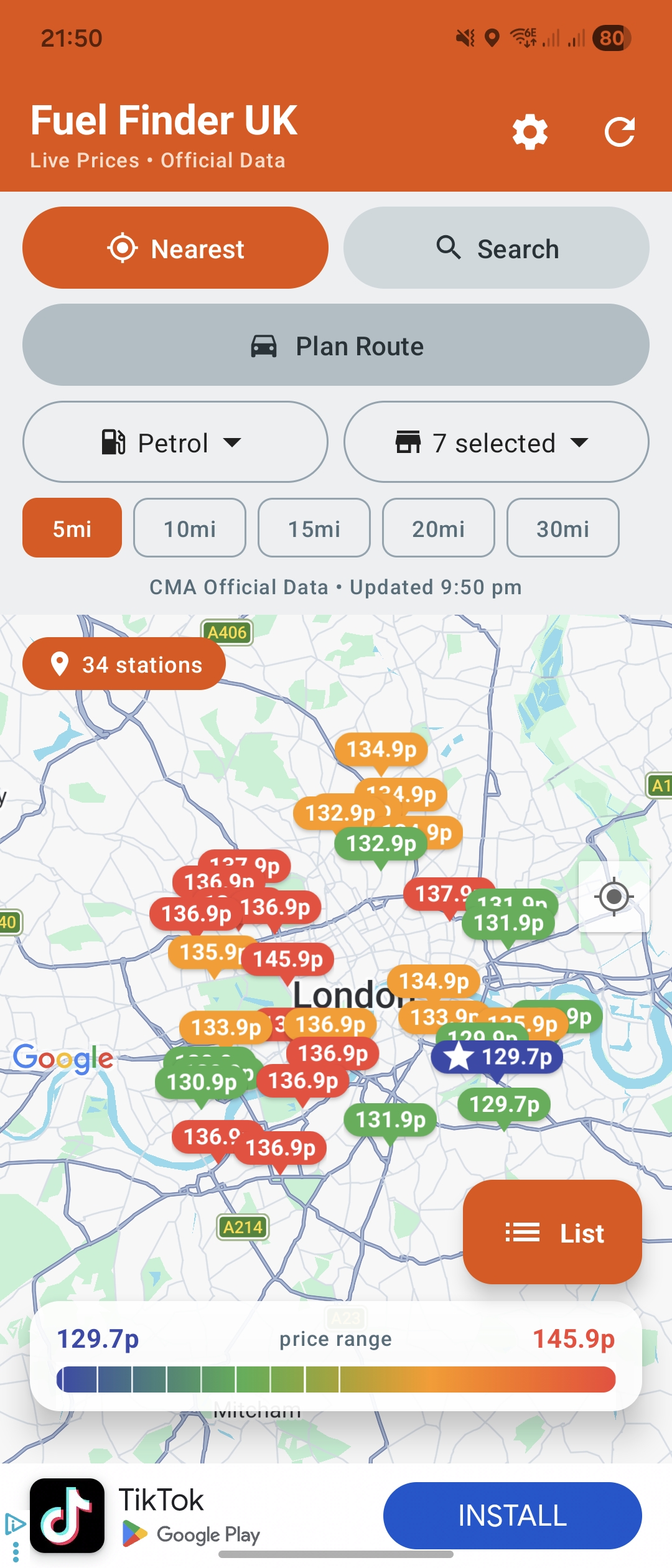 Fuel Finder UK live map showing cheapest petrol and diesel prices near me