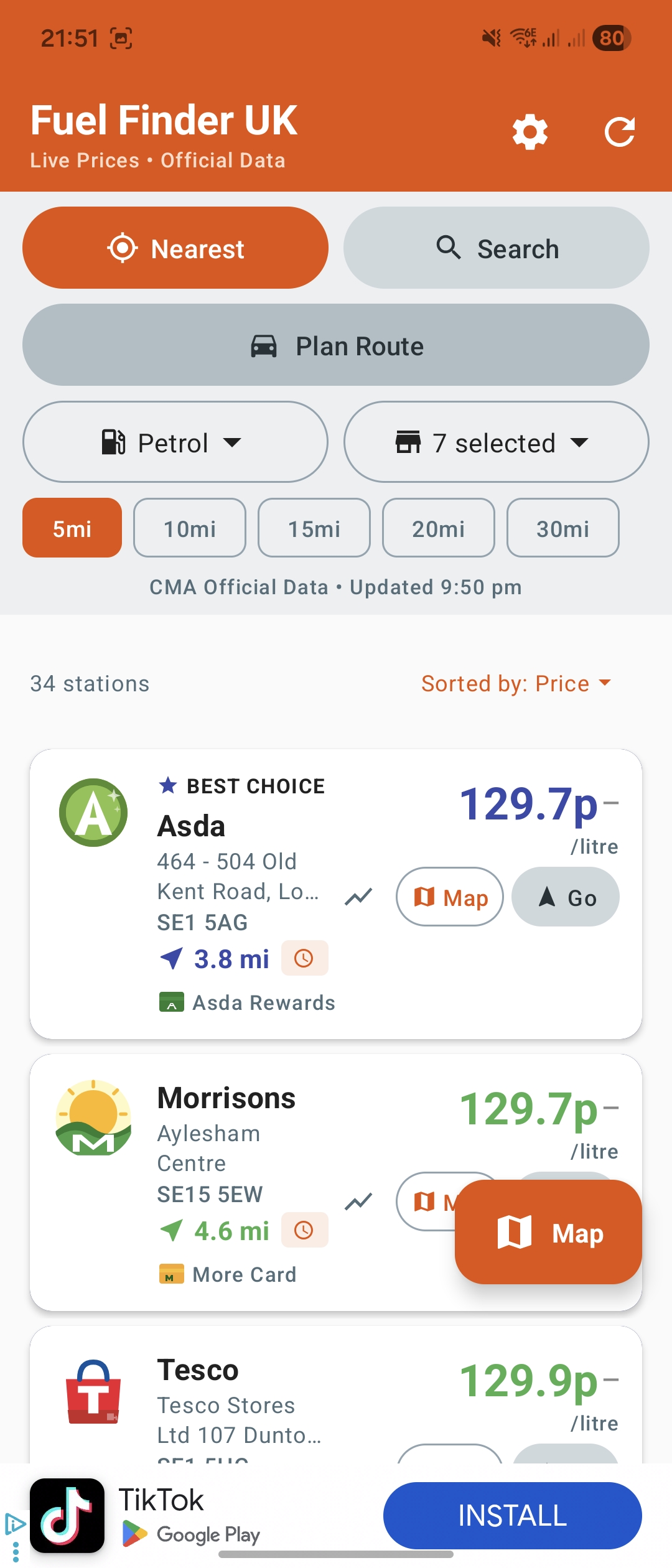 Cheapest petrol station near me highlighted in Fuel Finder UK app list view