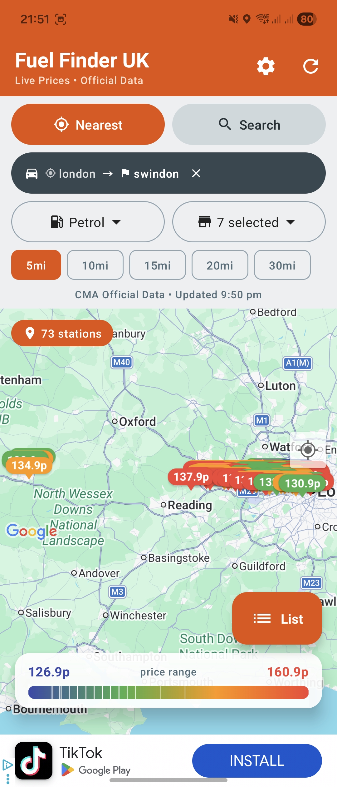 Fuel Finder UK plan route mode showing cheapest fuel stations along a UK driving route