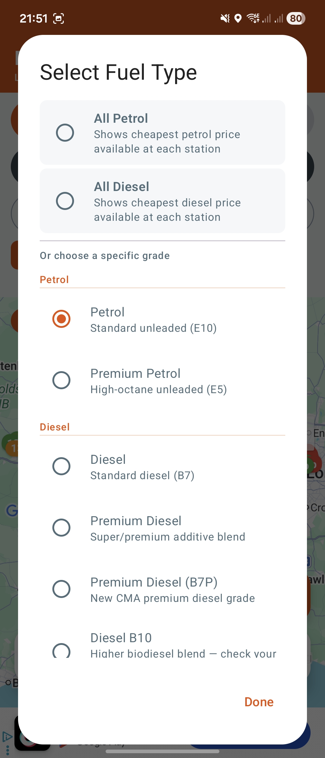 Fuel type selector in Fuel Finder UK showing E10 petrol, diesel, premium and B10 options