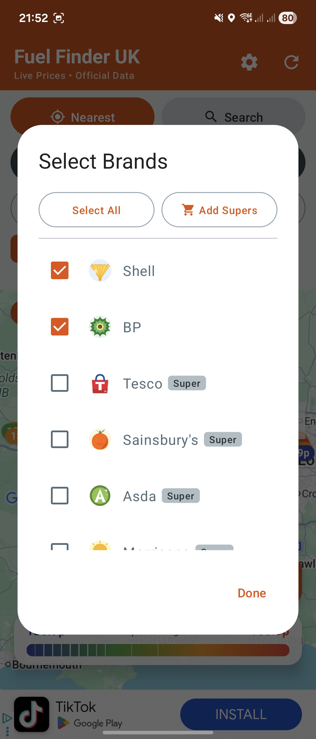Fuel Finder UK brand filter showing Tesco, Asda, BP, Shell, Esso and more UK fuel stations